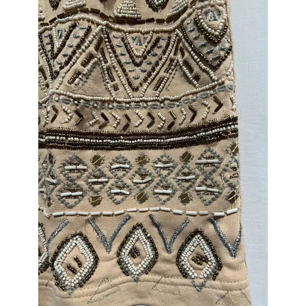 Free People Beaded Tunic Mini Dress Boho Embellished Geometric Tank Neutral